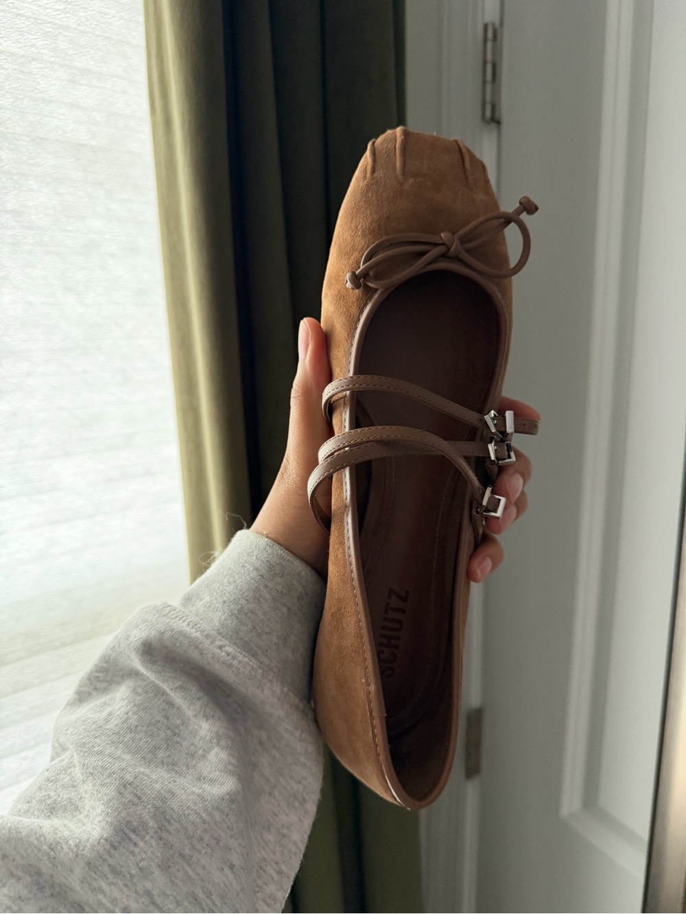 SCHUTZ Arissa Tan Suede Mary Jane Ballet Flat with Triple Straps - Picture 4 of 5